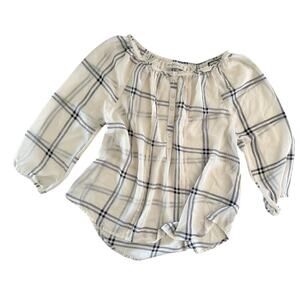 Abercrombie S Chiffon Blouse top Cream Navy Blue check Plaid flowy peasant boho